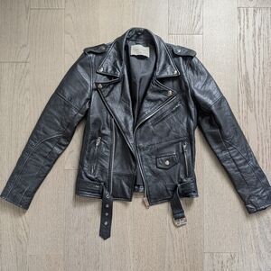 Classic Black Leather Moto Jacket with Belted Waist